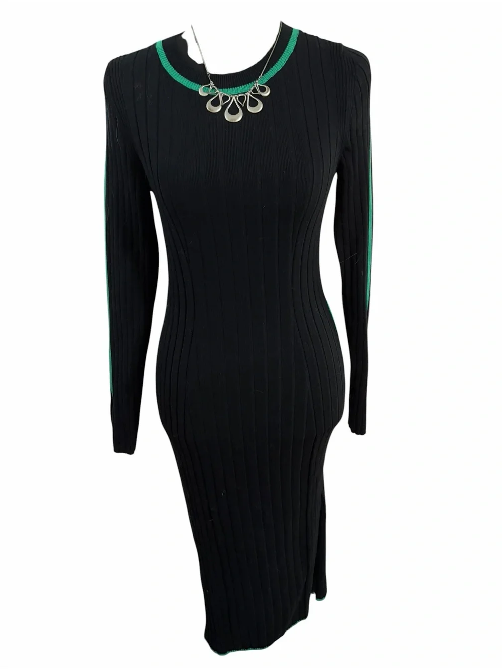 Fitted Black Maxi Dress with Green Trim